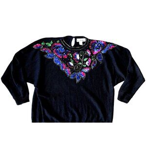 Viki International Vintage Black Sweater L Multicolor Sequin Design Ramie Cotton